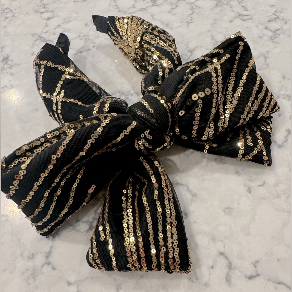 Anthropologie Black Bow Headband with Gold Sequins